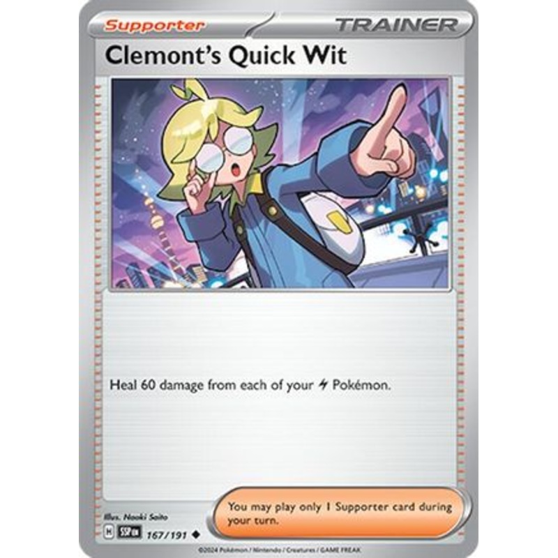 Clemont's Quick Wit 167/191  - Reverse Holofoil SV08 Surging Sparks - Uncommon