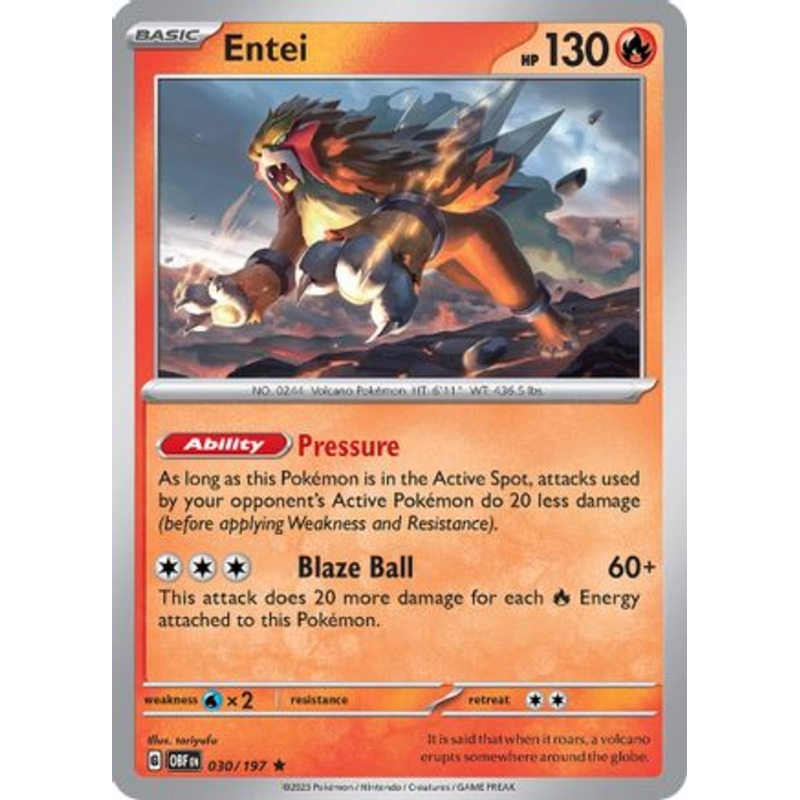 Entei 030/197  - Reverse Holofoil SV03 Obsidian Flames - Rare