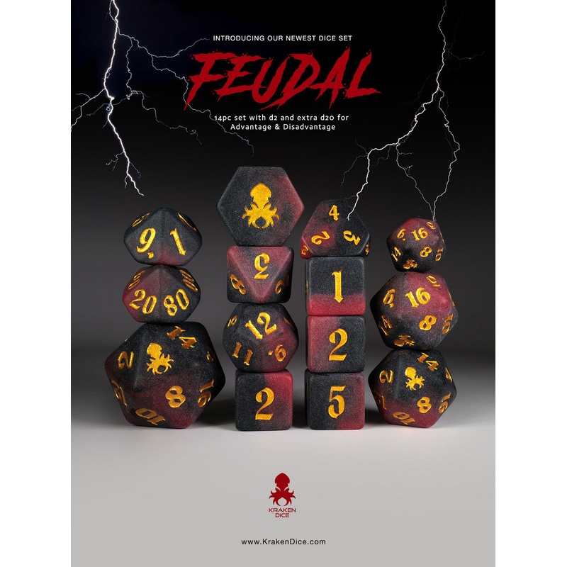 Feudal 14pc Black and Red Matte dice set for  TTRPGs