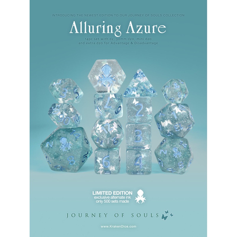 Alluring Azure 14pc TTRPG Dice Set With Blue Ink