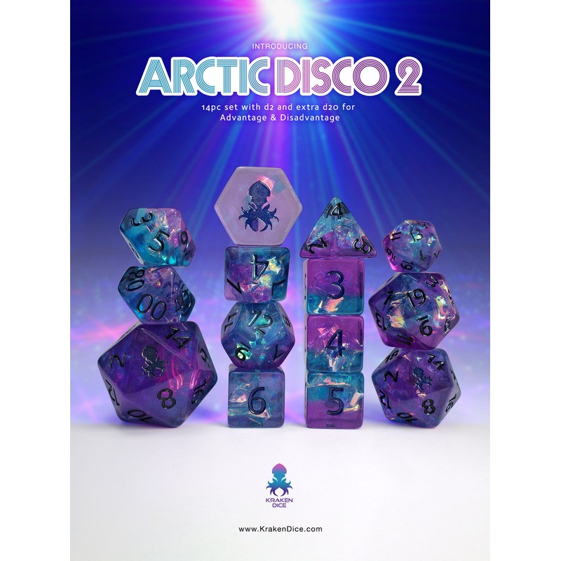 Arctic Disco 2 14pc Dice Set for TTRPG's inked in Blue