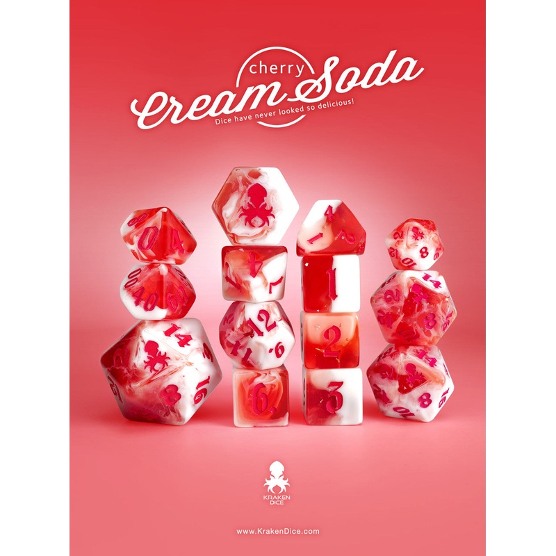 Cherry Cream Soda 14pc TTRPG Dice Set with Red Ink