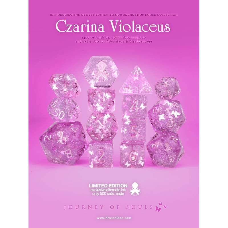 Czarina Violaceus 14pc Dice Set Inked in Metallic Pink