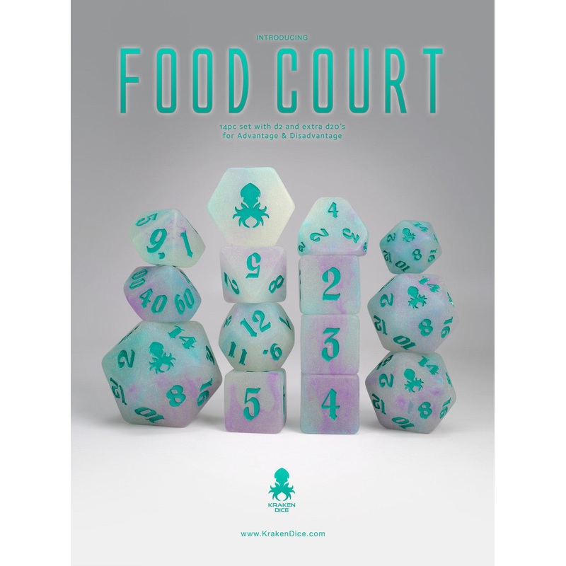 Food Court 14pc Glow in the Dark Dice Set with Teal Ink