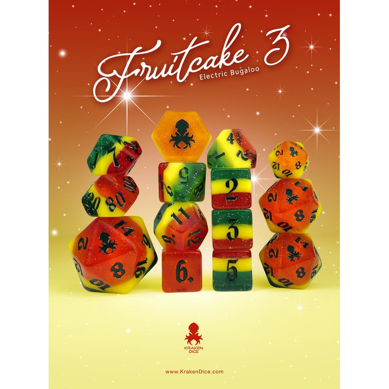 Fruitcake 3: Electric Bugaloo 14pc Dice Set with Green Ink