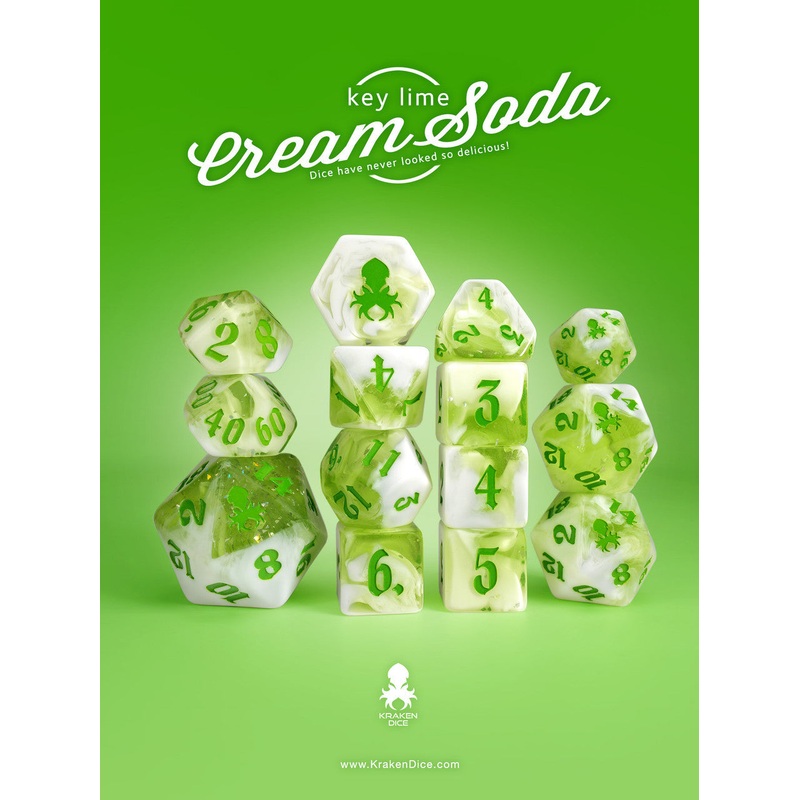 Key Lime Cream Soda 14pc TTRPG Dice Set with Green Ink