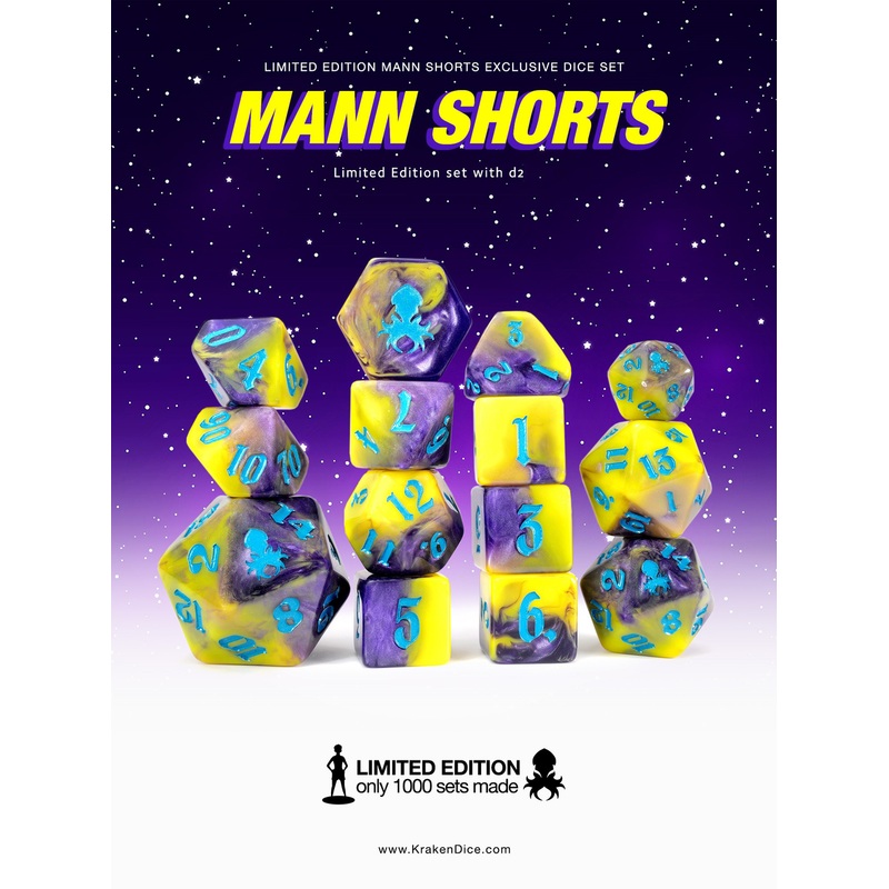 Kraken Dice - Mann Shorts Florida Mann 14pc Polyhedral Dice set with Blue Ink