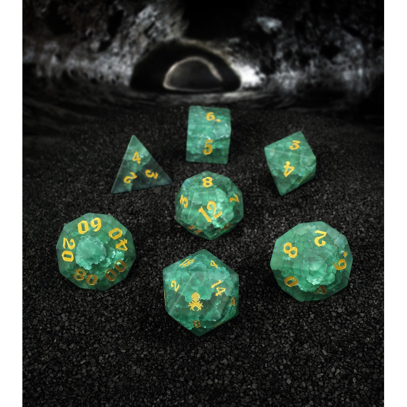 Matte Green Cracked Glass 7PC Glass Dice Set