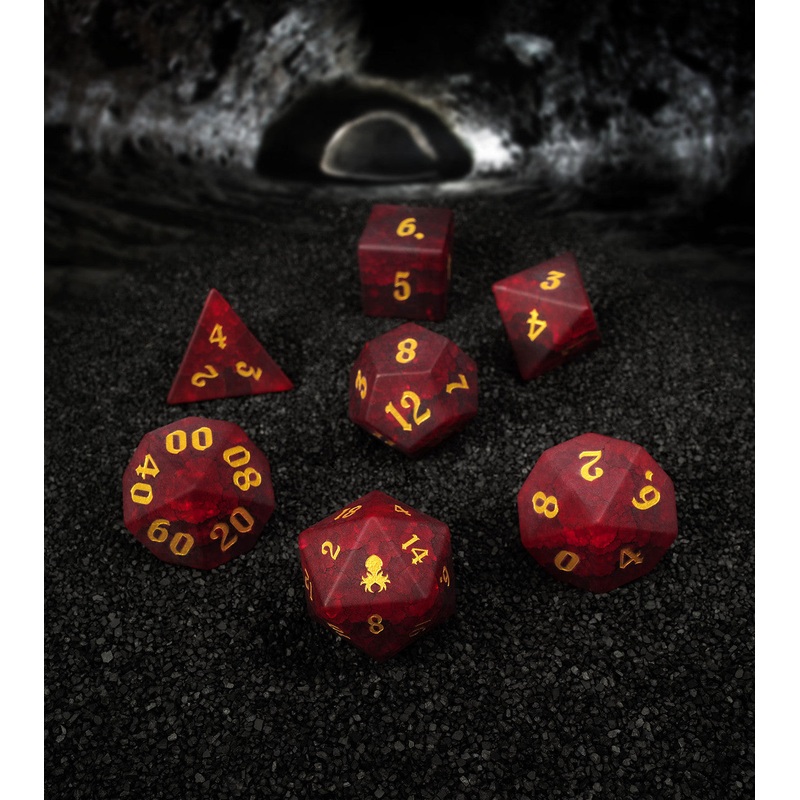Matte Ruby Red Cracked Glass 7PC Glass Dice Set