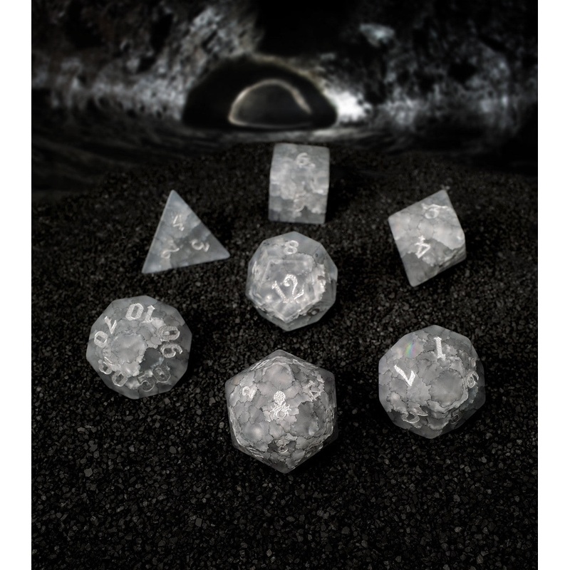 Matte Smoked Grey Cracked Glass 7PC Glass Dice Set