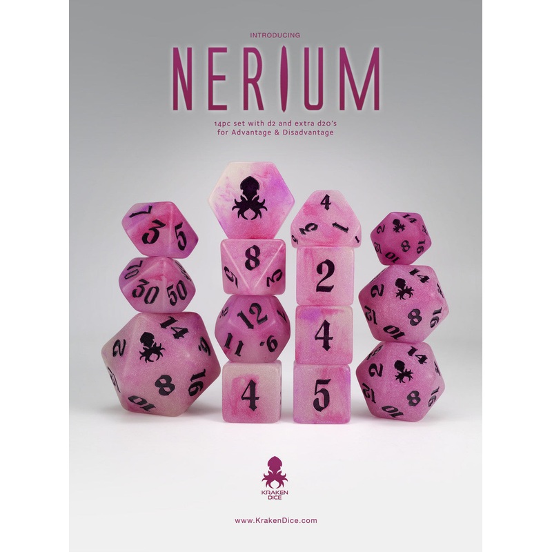 Nerium 14pc Glow in the Dark Dice Set with Dark Purple Ink