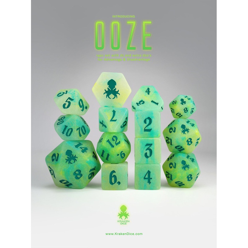 Ooze 14pc Glow in the Dark Dice Set with Green Ink