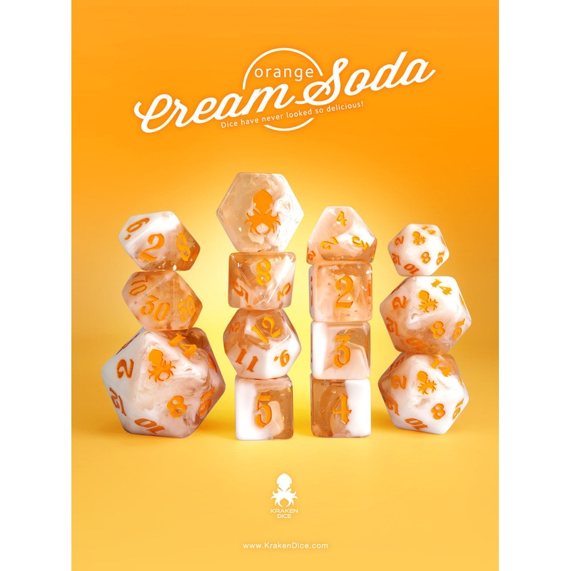 Orange Cream Soda 14pc TTRPG Dice Set with Orange Ink