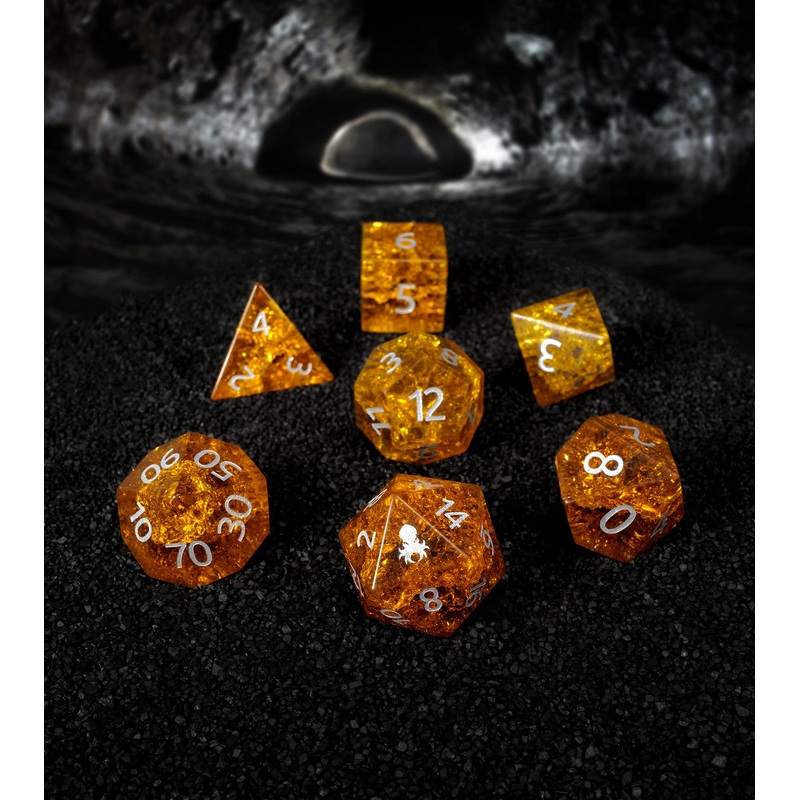 Phlogiston Yellow Cracked Glass 7PC Glass Dice Set