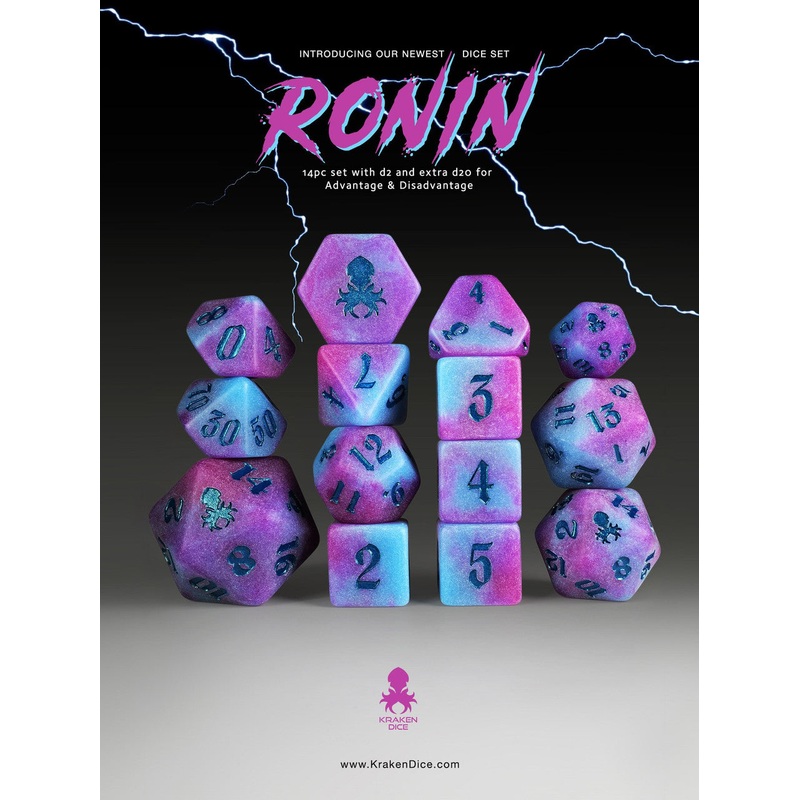 Ronin 14pc Blue and Purple Matte dice set for  TTRPGs