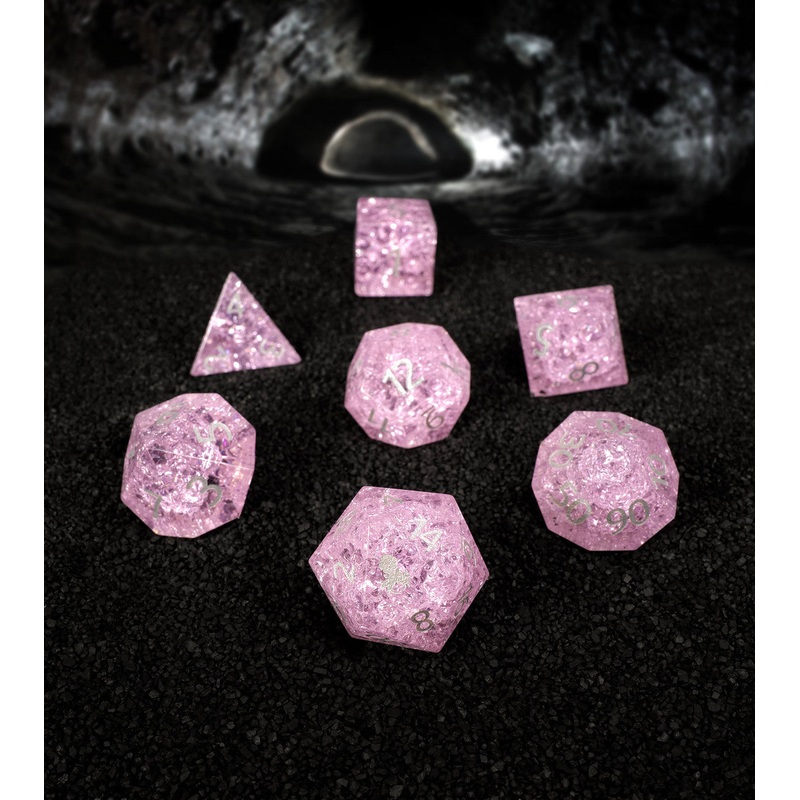 Solar Dragon Pink Cracked Glass 7PC Glass Dice Set