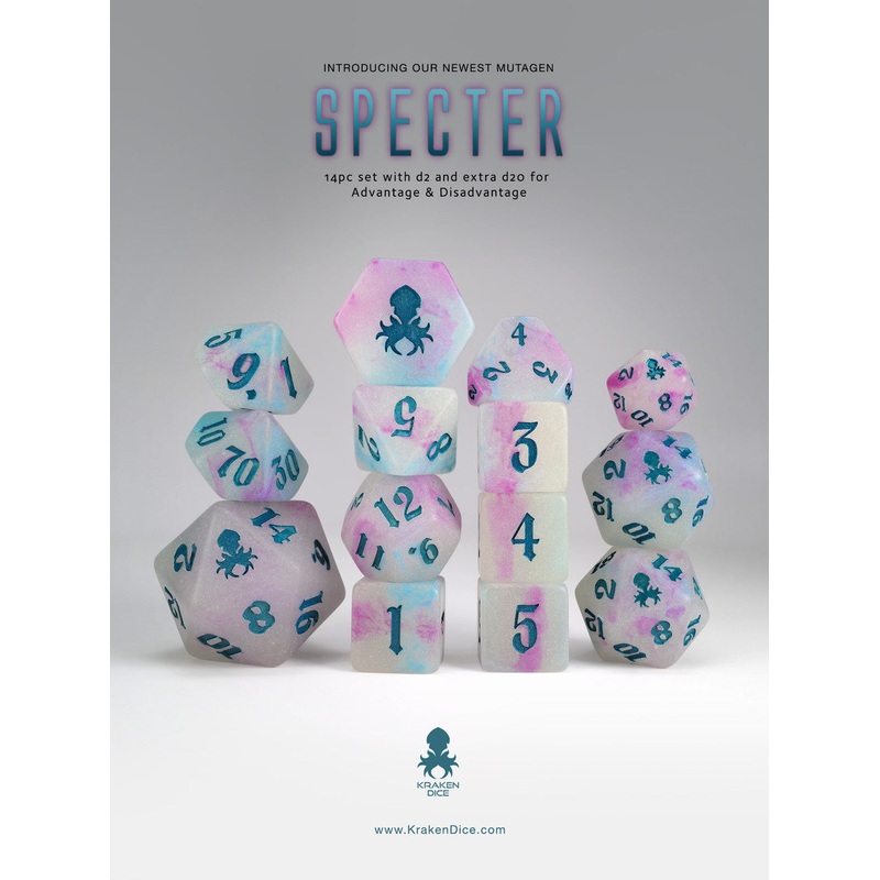 Specter 14pc Glow in the Dark Dice Set with Titanium Blue Ink