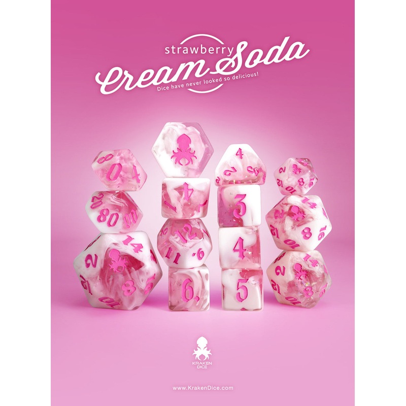 Strawberry Cream Soda 14pc TTRPG Dice Set with Pink Ink