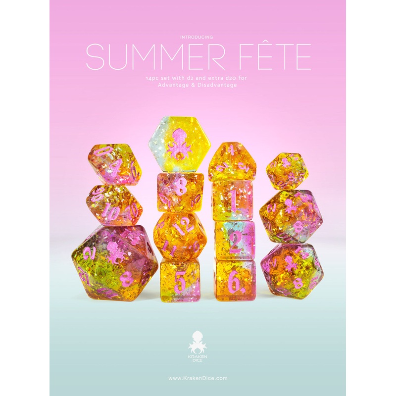 Summer Fte 14pc TTRPG Dice Set with pink ink