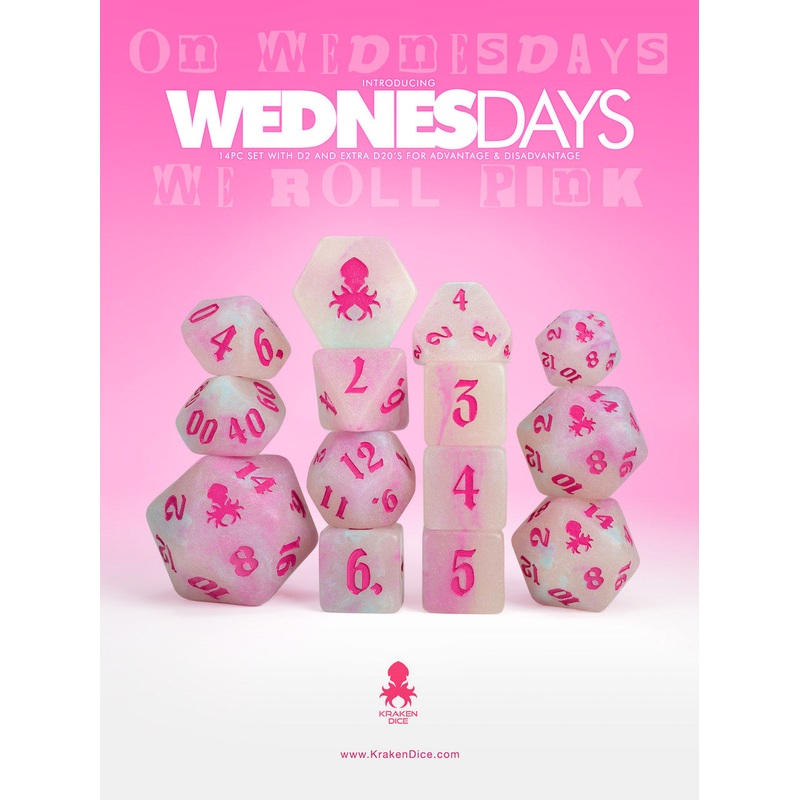 Wednesdays 14pc Glow in the Dark Dice Set with Pink Ink