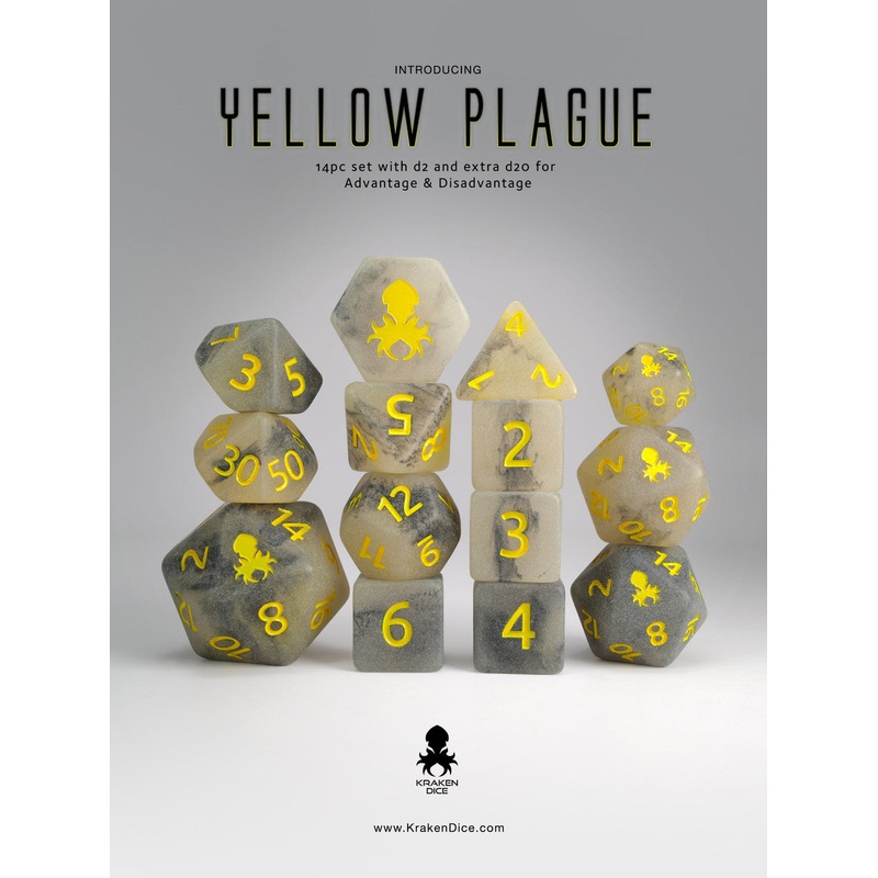 Yellow Plague 14pc Glow in the Dark Dice Set with Yellow Ink
