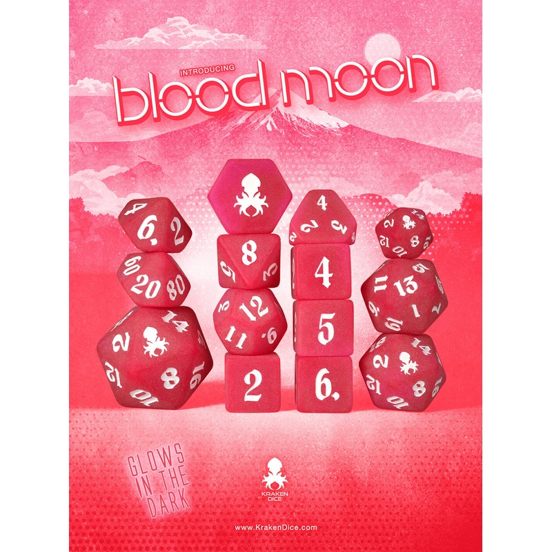 Blood Moon Glow in the Dark 14pc Dice Set inked in White