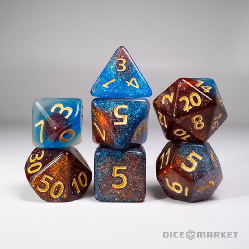 Blue Amber Glitter Shift Blended  7pc  Dice Set