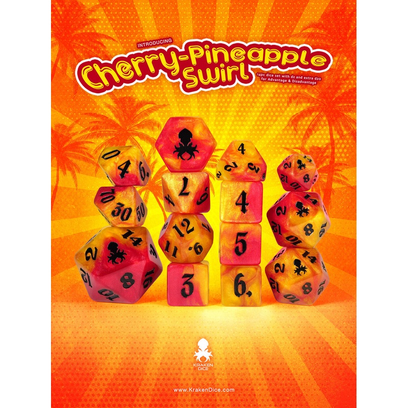 Cherry Pineapple Swirl 14pc Dice Set inked in Black