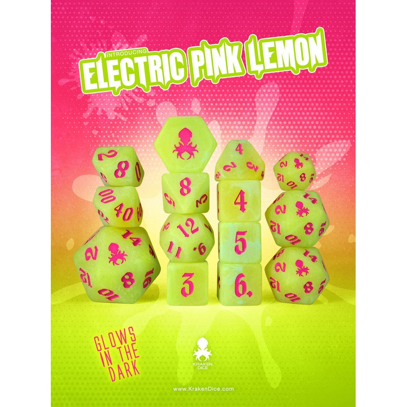 Electric Pink Lemon Glow in the Dark 14pc Dice Set inked in Pink