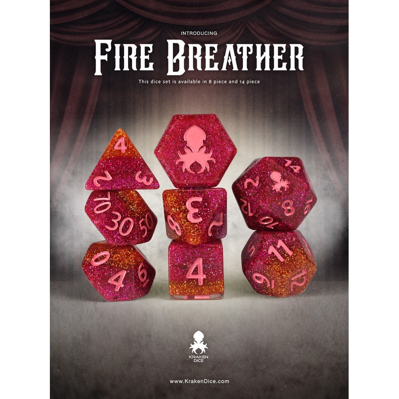 Fire Breather 8pc Dice Set Inked in Red