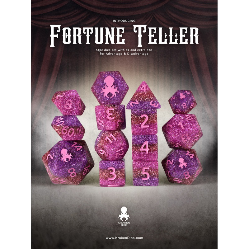 Fortune Teller 14pc Dice Set Inked in Pink