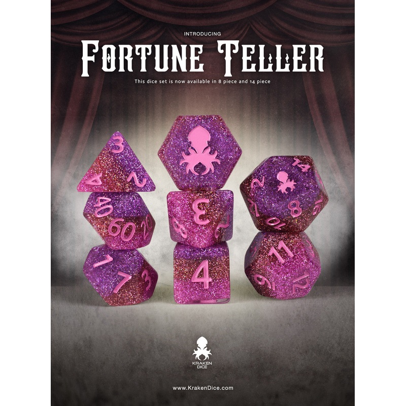 Fortune Teller 8pc Dice Set Inked in Pink