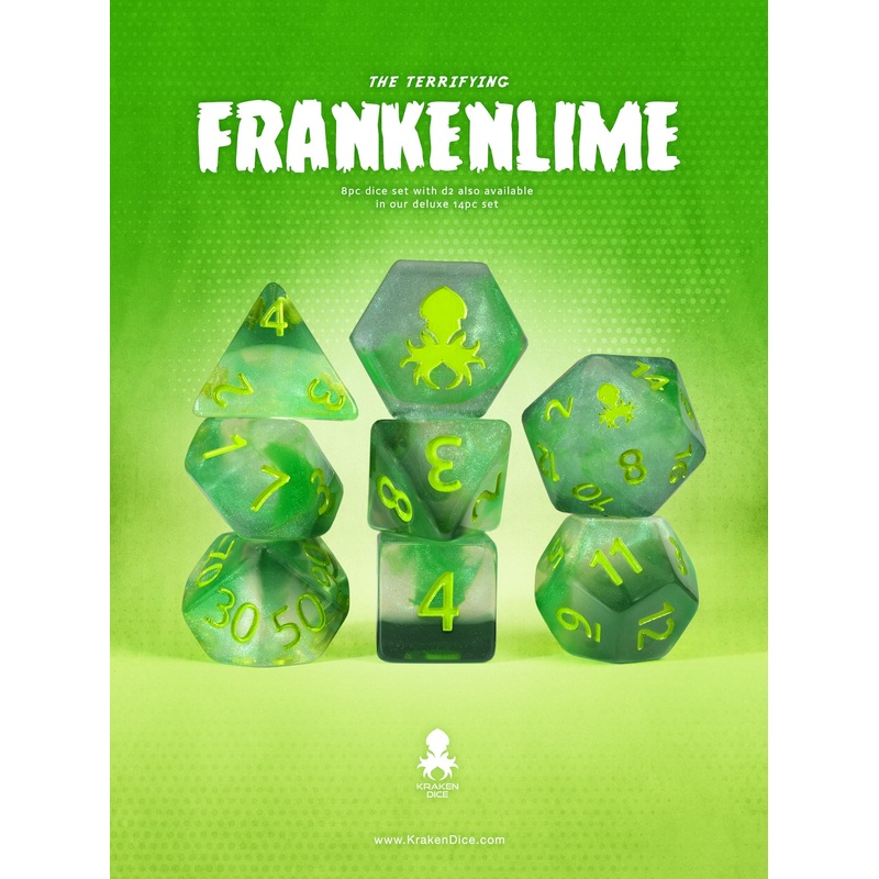 Frakenlime 8pc Dice Set inked in Green