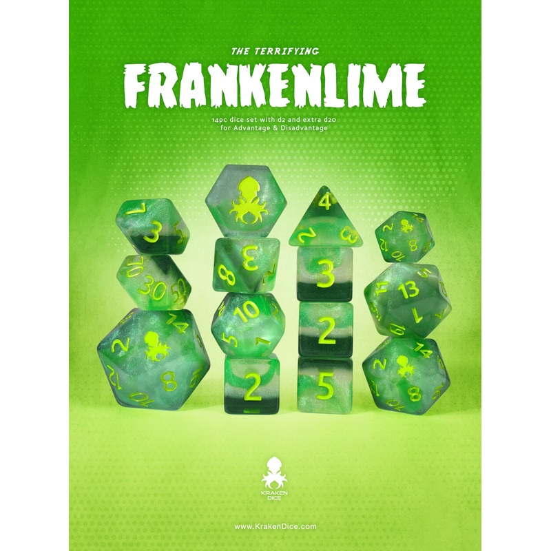 Frankenlime 14pc Dice Set Inked in Green