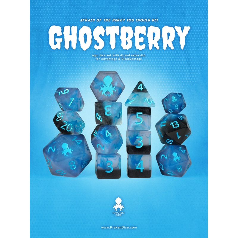 Ghostberry 14pc Dice Set inked in Blue