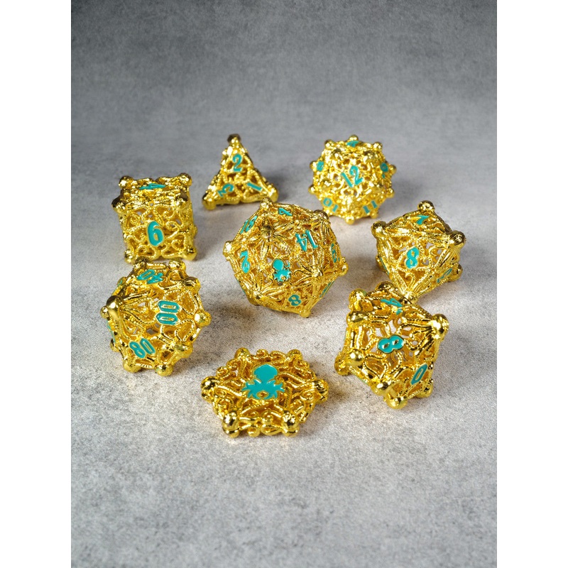 Kraken's Cabal Gold w/ Teal Ink 8 piece Metal Dice Set