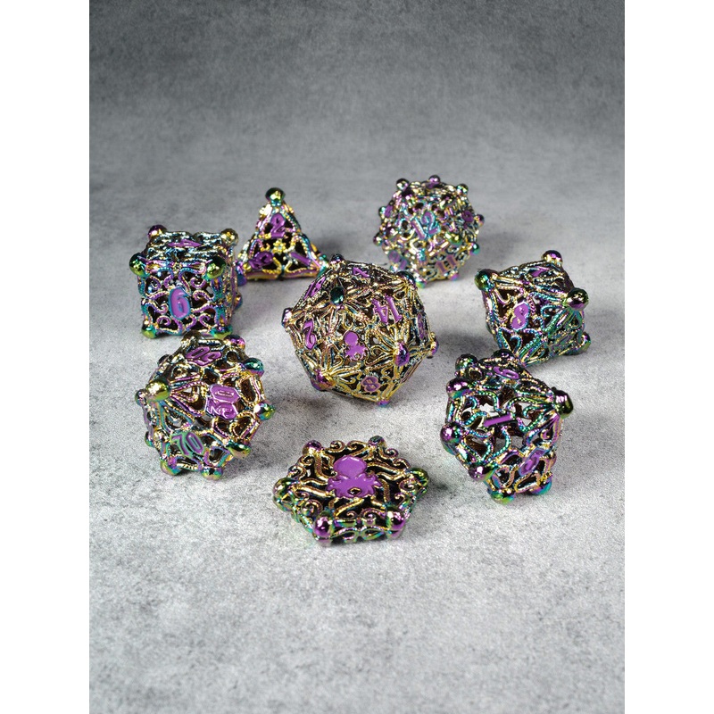 Kraken's Cabal Rainbow w/ Purple Ink 8 piece Metal Dice Set