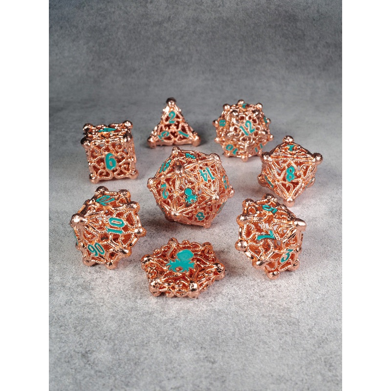 Kraken's Cabal Rose Gold w/ Teal Ink 8 piece Metal Dice Set