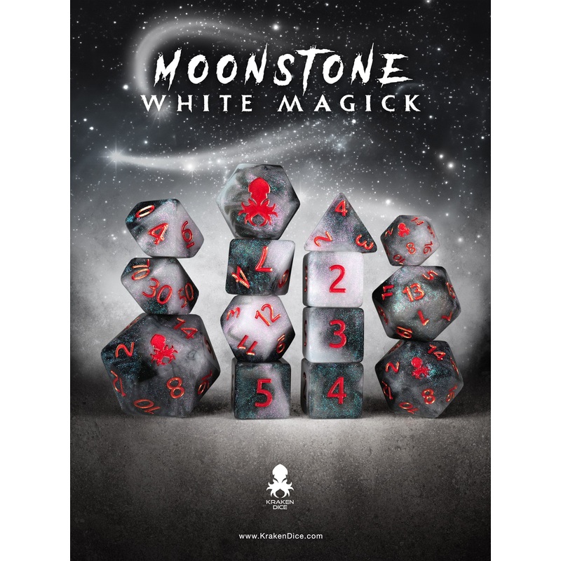 Moonstone White Magick 14pc Dice Set inked in Red