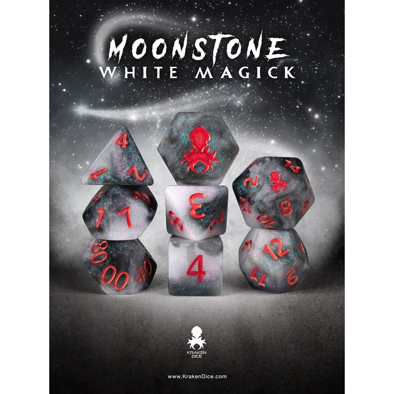 Moonstone White Magick 8pc Dice Set inked in Red