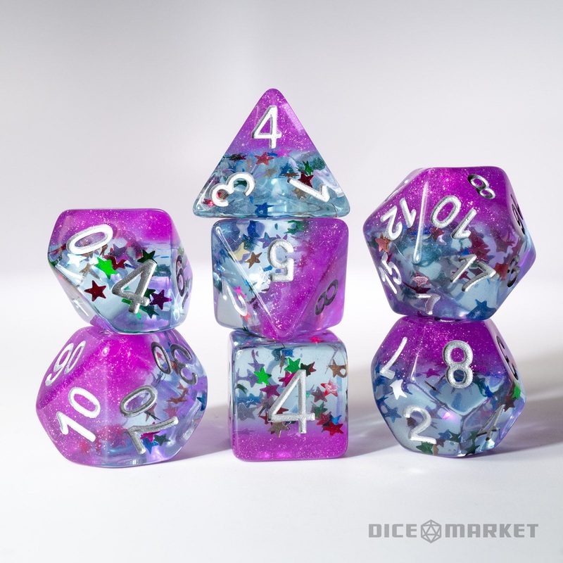 Purple Pooled Glitter with Stars 2 Layer 7pc Polyhedral Dice Set For RPGs