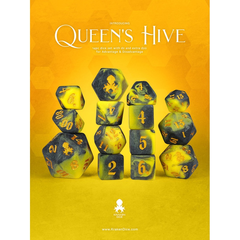 Queens Hive 14pc Dice Set inked in Gold