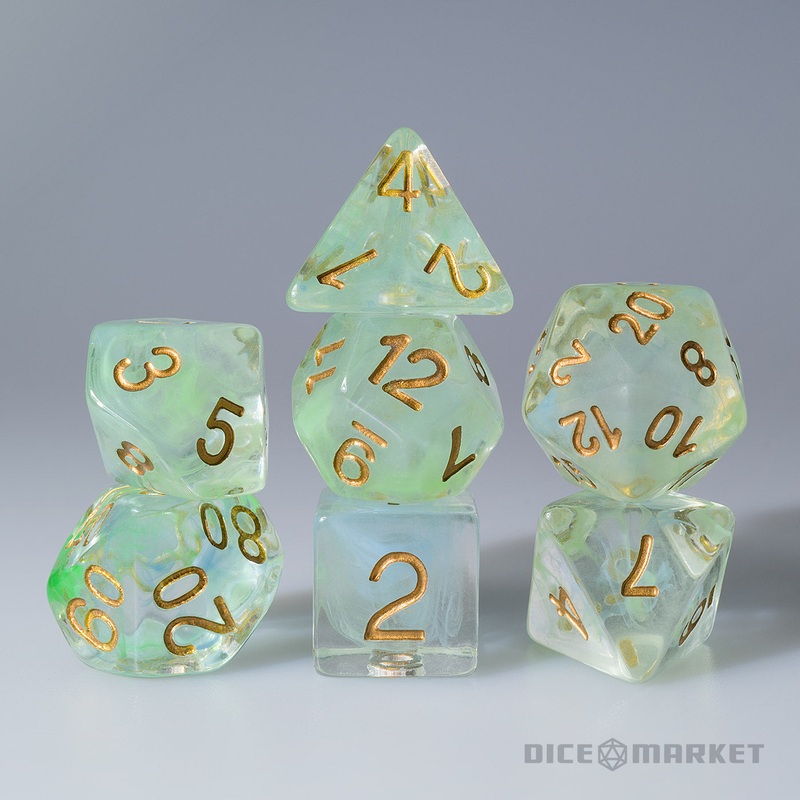 Teal and Light Green Swirl with Copper Ink 7pc Polyhedral Dice Set