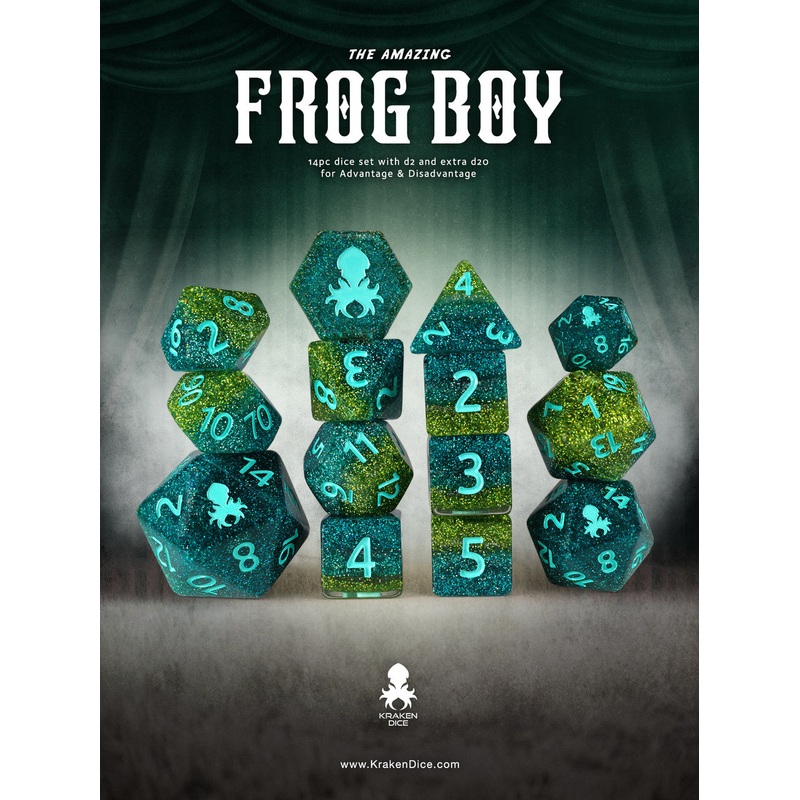The Amazing Frog Boy 14pc Dice Set Inked in Teal