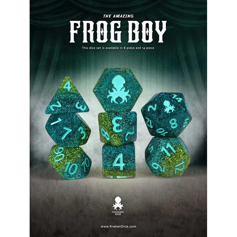 The Amazing Frog Boy 8pc Dice Set Inked in Teal