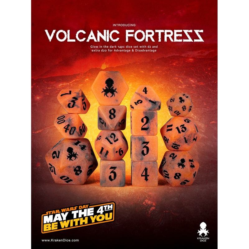 Volcanic Fortress Glow in the Dark 14pc Dice Set inked in Black