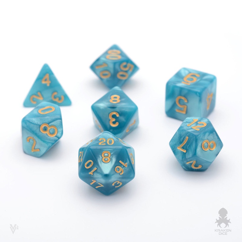Blue Lake Pearl 7pc Dice Set inked in Gold