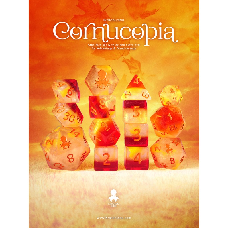 Cornucopia 14pc Dice Set inked in Orange