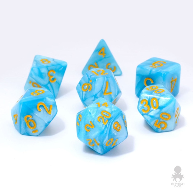 Light Blue Pearl 7pc Dice Set inked in Yellow