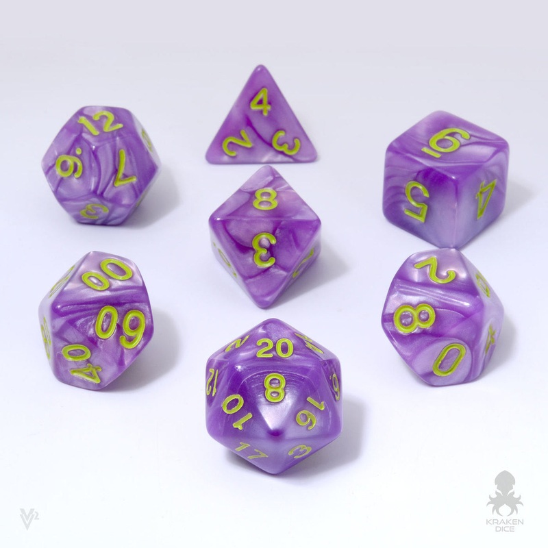 Light Purple Pearl 7pc Dice Set inked in Green
